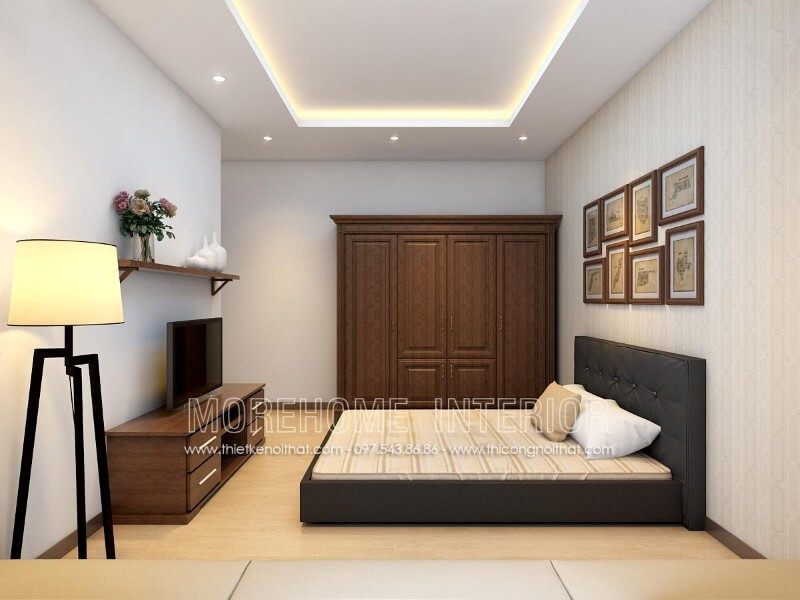 Giường ngủ gỗ công nghiệp bọc da toàn bộ, tone màu đen được KTS lựa chọn vừa mang lại cảm giác huyền bí, sang trọng, vừa tạo sự thoải mái cho người sử dụng, đặc biệt là phòng ngủ của ông bà