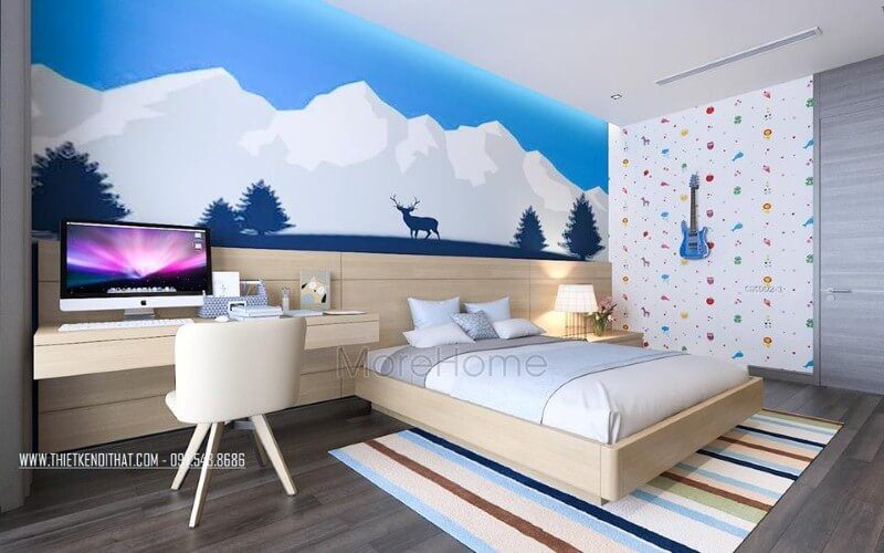 Giường ngủ gỗ sồi hiện đại cùng gỗ ốp đầu giường gam sáng màu tạo nên vẻ đẹp trẻ trung, độc đáo cho phòng ngủ con trai hiện đại.